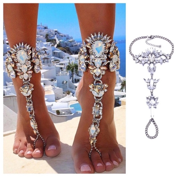 Bohemian Crystal Rhinestone Barefoot Sandals Anklet Set - Picture 1 of 5